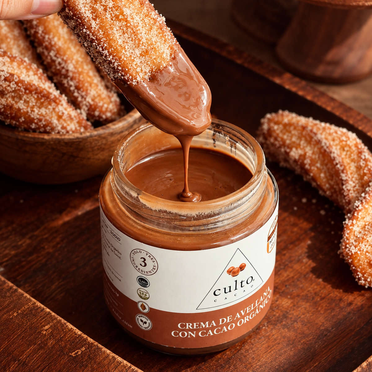 Mini churros con crema de avellanas y cacao Culto